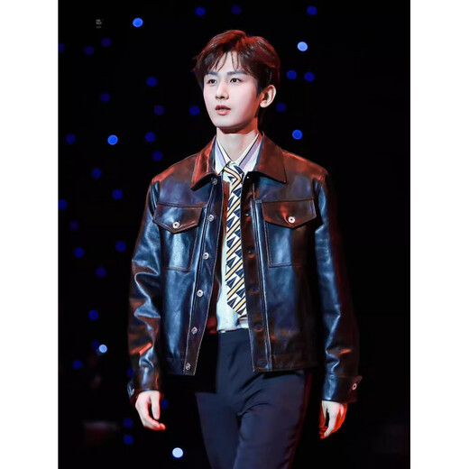 SEPTWOLVES Cheng Yi same style black classic leather jacket men's casual and simple motorcycle style lapel leather jacket trendy leather jacket + trousers two-piece set S 90-110Jin Jin is equal to 0.5 kg