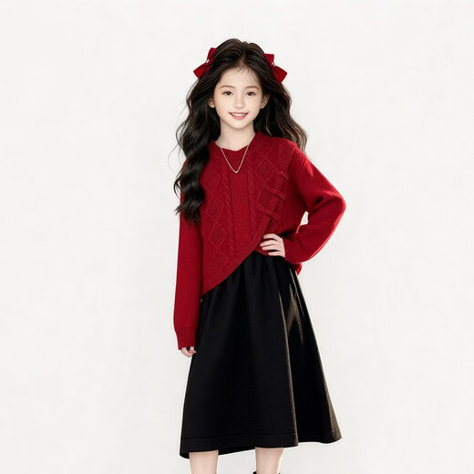 Girls red New Year's wear sweater dress suit autumn and winter children's fashion girls' New Year's greetings two-piece set red sweater vest + skirt suit 160