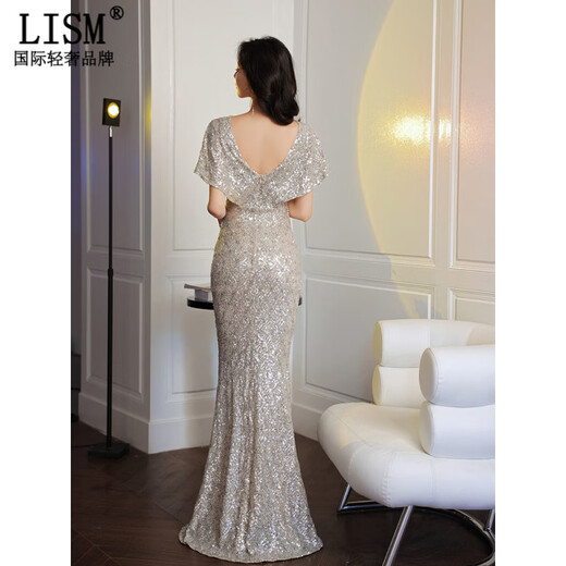 LISM designer international light luxury brand silver deep fishtail evening dress noble lady light luxury dress 2026 new banquet silver S
