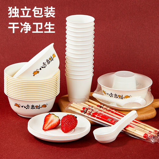 SHUANG YU disposable tableware five-piece set Bafanglaicai corn starch 20 servings (bowl + plate + cup + chopsticks + spoon)