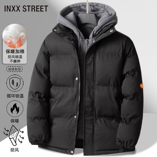 Inxx (inxx) INXX STREET Retro Fake Two-piece Hooded Bread Jacket Men's Winter Fashion Casual Thickened Warm Cotton Jacket Black L Recommended 110-140 Jin Jin equals 0.5 kg