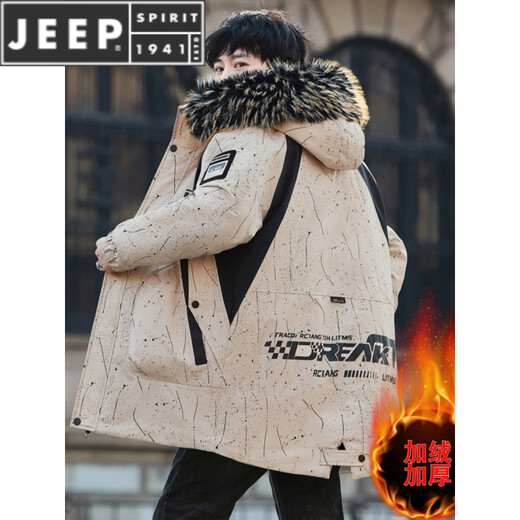 JEEP SPIRIT Winter Men's Workwear Parka Mid-Length Velvet Thickened Hooded Windbreaker Jacket Cotton Clothes White M