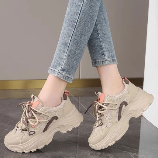 OLJ luxury high-end brand women's shoes breathable dad shoes 026 latest white shoes thick soles small sports shoes showing feet black and white upgraded solid soft sole 36