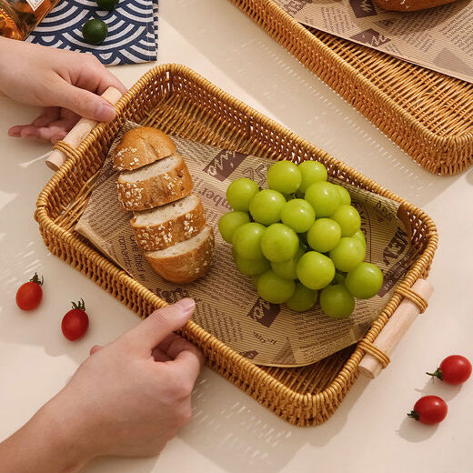 Fantasy snack display plate household fruit plate afternoon tea snack plate imitation rattan tray steamed bun basket noodle bread basket square - medium size 1