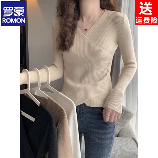 ROMON autumn and winter American retro large size fat mm sweater women's inner cross long-sleeved slim fit sweater tights apricot S recommended 80-95Jin Jin equals 0.5 kg