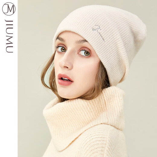 JIUMU Wool Hat Women's Autumn and Winter Pure Wool Korean Thick Warm Ear Protector Mother's Knitted Confinement Hat Light Brown One Size (Stretchable)