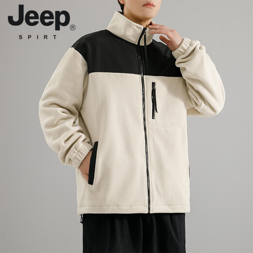 JEEP SPIRIT American Austrian Velvet Casual Stand Collar Jacket Men's 2026 Autumn and Winter New Windproof Versatile Color Block Cardigan Jacket Black M