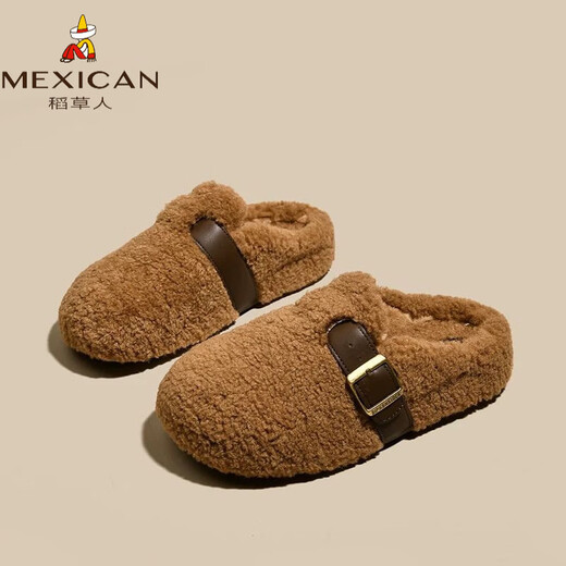 Scarecrow Thick-Soled Inner Height Furry Slippers for Women 2026 New Autumn and Winter Baotou Half-Toe Cotton Slippers Counter Model Beige 35