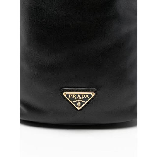 PRADA Women's Handbag Adjustable Shoulder Strap Drawstring Design Portable Storage Shoulder Carrying Black Sheepskin Metal Ring Black TU