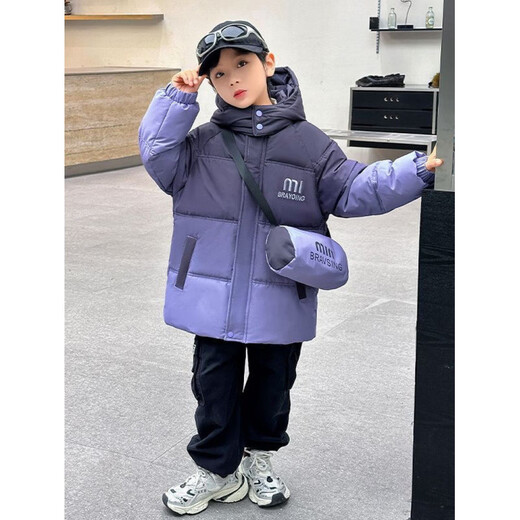 Fat Donglai buys boys' winter down cotton-padded jacket with 50% off plus velvet and thickened lamb's wool gradient color foreign style purple_free satchel + lamb's wool lining 110 cm_recommended height around 100-110