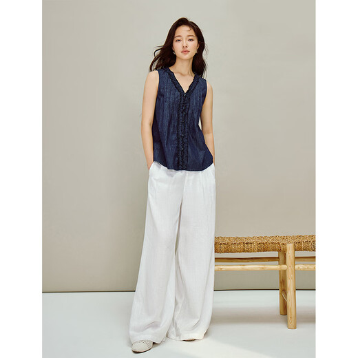 INMAN (INMAN) Inman linen cotton original color fungus sleeveless denim shirt 2026 spring women's new baby doll shirt dark denim blue XL