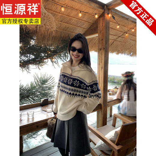 Hengyuanxiang retro half-zip turtleneck sweater for women Fair Isle jacquard loose lazy pullover knitted top coffee jacquard ready stock S