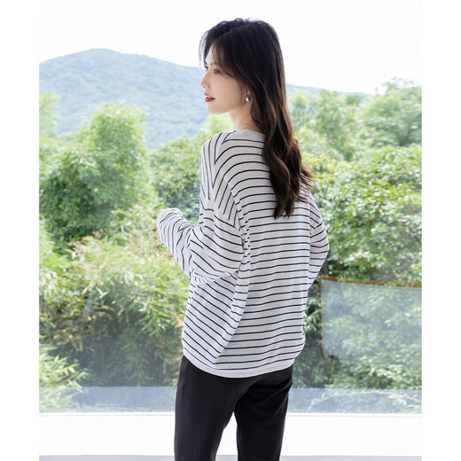 Ives (ITISF4) chic lazy style long-sleeved T-shirt Korean striped loose slim casual top white one size