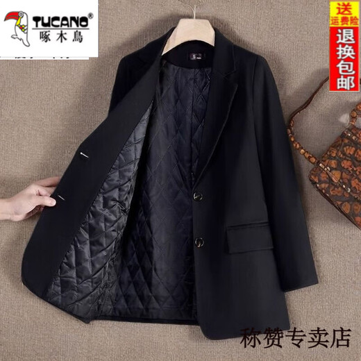 Woodpecker (TUCANO) black thickened quilted suit jacket for women thickened winter new high-end professional wear temperament suit top for women quilted style-black suit lll L