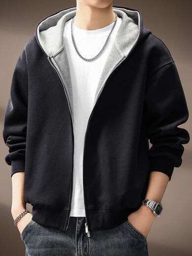 Noble color high-end American heavy cardigan hooded sweatshirt for men spring and autumn new loose versatile coat casual top jacket black L suitable for 130-150Jin Jin equals 0.5 kg
