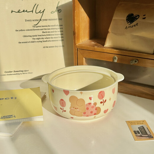 Tuojin imported quality Korean-style cute cream-style puppy double-ear instant noodle bowl from Japan. Ceramic large bowl for student dormitory. Korean-style instant noodle bowl-Flower Rabbit (without lid)