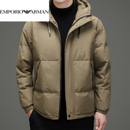 EMPORIO ARMANI Armani 2025, новый пуховик, мужская зимняя куртка с капюшоном, утолщенный белый утиный пух, красивый корейский вариант, модная защита бренда, цвет хаки XL