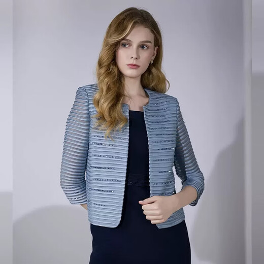 White-collar fog blue hollow striped sequin round neck three-quarter sleeve hook top GNY0FA601 fog blue L (165)