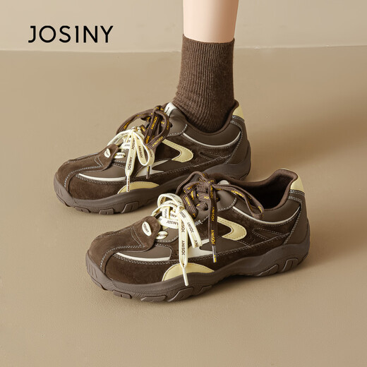 Zhuoshini color-blocked moral training shoes for women 2026 new spring fashion double-lace thick-soled high-height casual sports shoes yellow/brown 4cm high 34