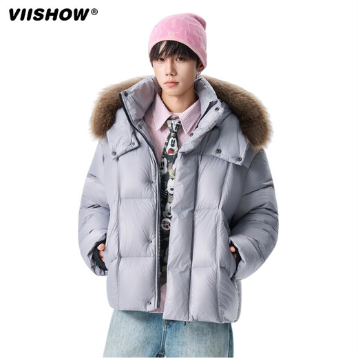 viishow冬季可拆卸毛领连帽羽绒服男女潮牌90绒保暖情侣防寒外套 黑色 S