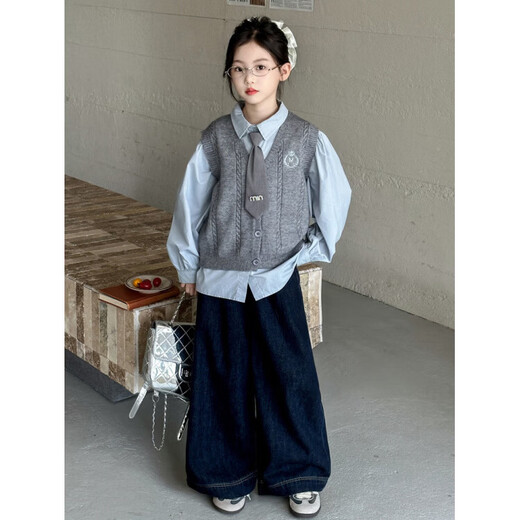 FHHUABD girls autumn college style suit 2026 girls autumn fashionable casual sweet shirt vest three-piece set gray vest and shirt 120 cm