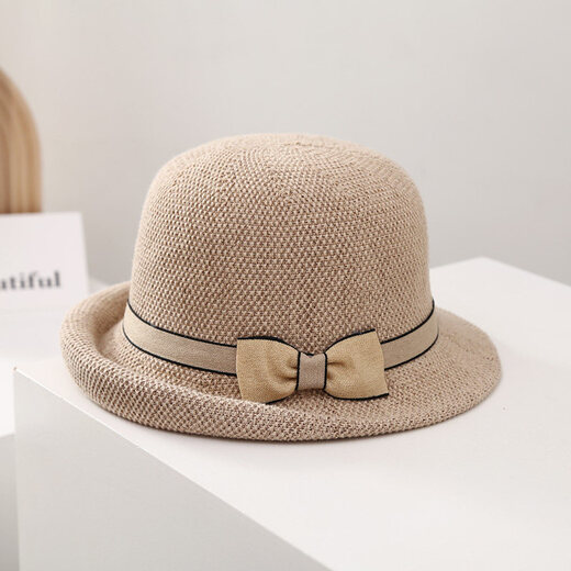 Top Hat Women's Bow Sun Hat Women's Spring, Autumn and Summer Travel Small Brim Rolled Top Hat Breathable Thin Basin Hat Sun Protection Beige Adjustable (54-59cm)