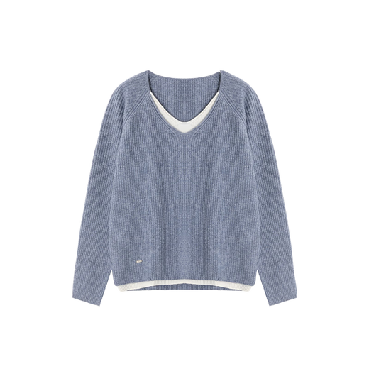 Mohan Yimei quiet luxury old money style sweater 2025 winter including wool mixed color yarn V-neck fake two-piece sweater