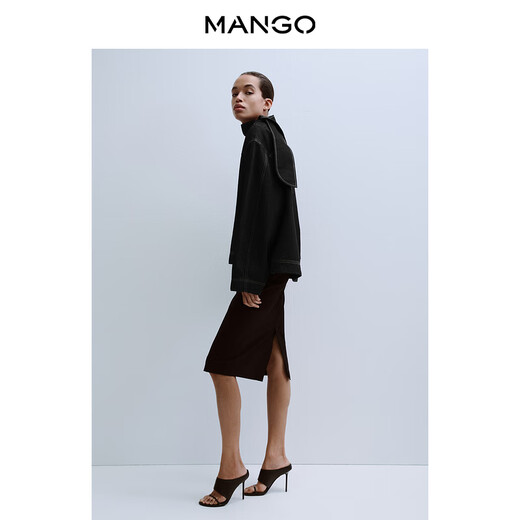 MANGO Women's Single Clothing 2026 Spring New Casual Cotton Tie Collar Denim Shirt Top Black M