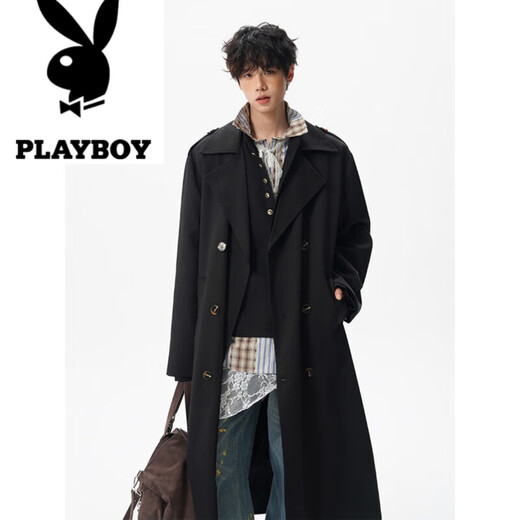 花花公子（PLAYBOY）中长款排扣过膝黑色风衣男生潮牌秋季新款宽松英伦风痞帅大衣外套 黑色 M