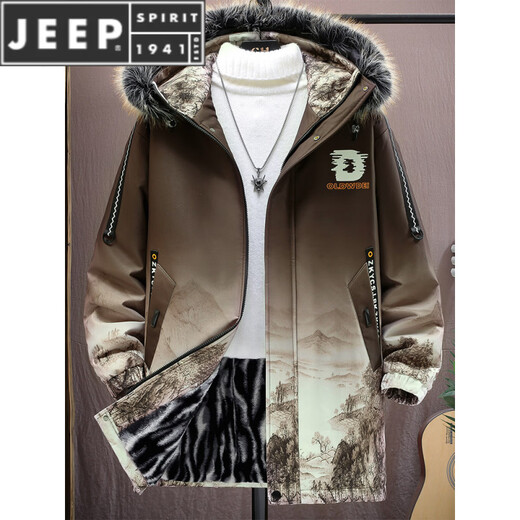 JEEP SPIRIT采购产品秋冬男士中长外衣，毛皮领，天鹅绒加厚夹克，青年外衣， 717黑色【加 绒带毛领】 M 约90~110斤可穿