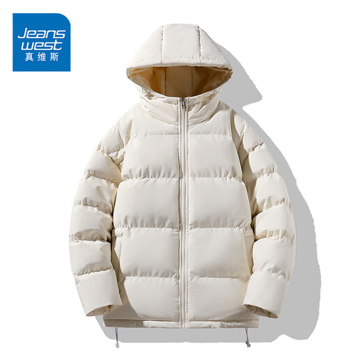 Jeanswest Couple's Hooded Cotton Jacket for Men and Women Winter Warm Bread Jacket 2026 New Thickened Versatile Cotton Jacket Beige Solid Color XL