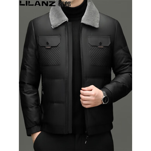 利郎（LILANZ）短款羽绒服男2025新款冬季绵羊毛领中年保暖加厚男士外套 黑色 FSM-2373 XL 180