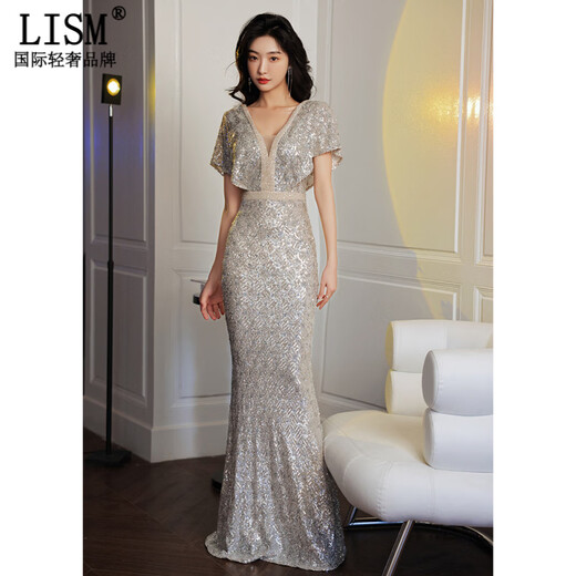 LISM designer international light luxury brand silver deep fishtail evening dress noble lady light luxury dress 2026 new banquet silver S