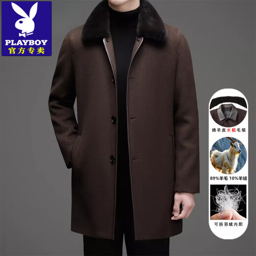 Playboy (PLAYBOY) Wool Cashmere Coat Men's Mid-Length Mink Fur Collar Down Liner Autumn and Winter Thick Woolen Jacket Brown Card (Detachable Mink Fur Collar Down Liner) 2XL Recommended 135-150Jin Jin equals 0.5 kg