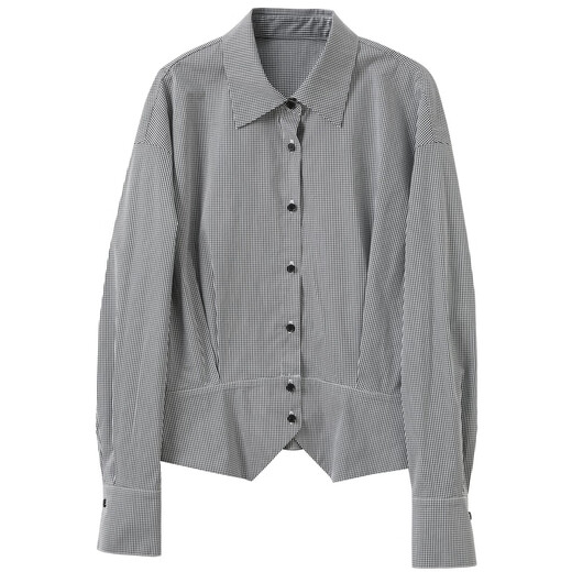 Sancai 2026 spring new long-sleeved lapel plaid shirt retro shirt temperament top waist slimming S