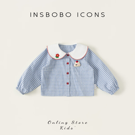 INSBOBO Girls' Shirts 2026 Spring and Autumn New Baby Girl's Baby Doll Shirt Children's Spring Style Tops Children's Clothing Trend Blue and White Checkered 80