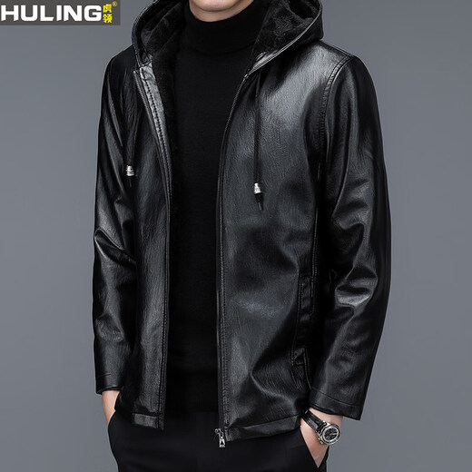 Dragon Tooth autumn and winter middle-aged and elderly leather jacket hooded men's leather jacket large size loose casual dad wear velvet thickened jacket 105 coffee color M 165__95-115Jin Jin is equal to 0.5 kg