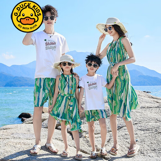 G.duck Sanya seaside vacation parent-child outfit family of four photo taking beach skirt mother and daughter dress summer father and son suit green (default female skirt/male suit) Mom M