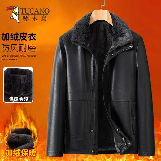 Woodpecker (TUCANO) velvet leather jacket men's new winter fur collar thickened warm and cold-proof leather jacket middle-aged and elderly dad casual jacket