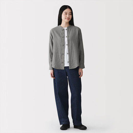 MUJI Women's Kapok Mixed Double-layer Yarn Disc Button Shirt Women's Shirt Jacket Spring 26 Women's BC2R7A6S Gray Stripe L (165/88A)
