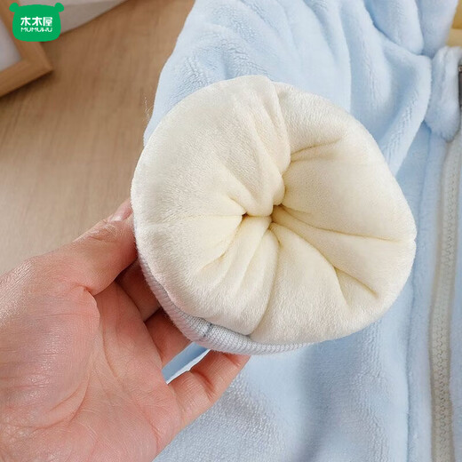 Wooden house baby velvet thickened jumpsuit baby hooded cold-proof outer bodysuit full moon outing cotton clothing newborn romper winter blue cute bear cotton 66cm height within 63