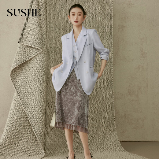 SUSHE clear string commuting style custom-dyed Tencel decorative topstitch blazer/vest/trousers suit ice water blue-jacket M