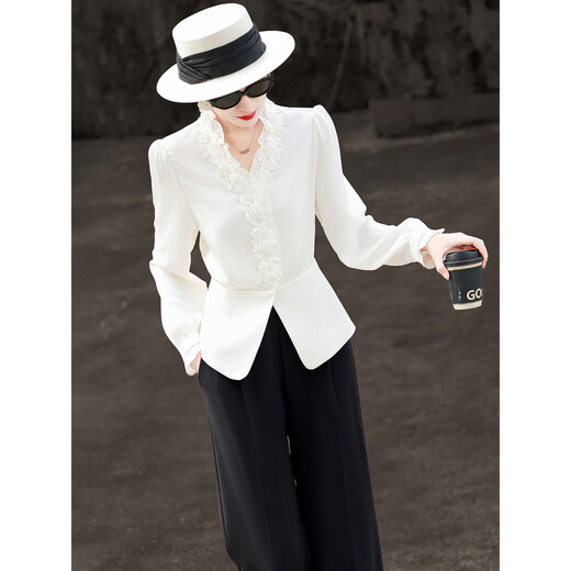 Lancer 2026 early spring new style French romantic style lace splicing acetate long-sleeved V-neck shirt top off-white M