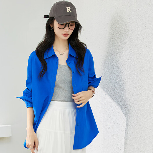 Fanciman pure cotton long-sleeved shirt women's spring new high-end slim lapel top jacket Klein blue S