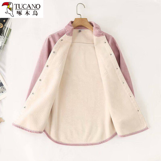 Woodpecker one-piece velvet warm autumn and winter soft corduroy shirt for women loose Korean style bottoming velvet thickened shirt top apricot-velvet thickened S