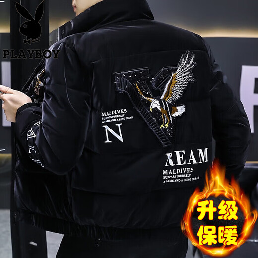 花花公子（PLAYBOY）棉衣男外套男秋冬季新款厚棉服男士亮皮羽休闲绒服男冬装棉袄男装 1808黑色 XL 125-140斤
