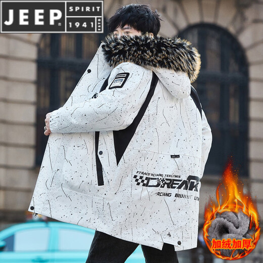 JEEP SPIRIT Winter Men's Workwear Parka Mid-Length Velvet Thickened Hooded Windbreaker Jacket Cotton Clothes White M