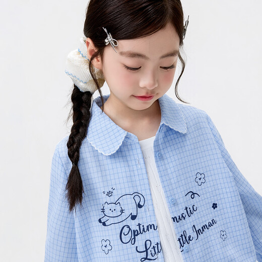 Xiaoyinman children's clothing girls' shirt cartoon print 26 spring fashionable lapel casual top for middle and older children and girls blue grid 120