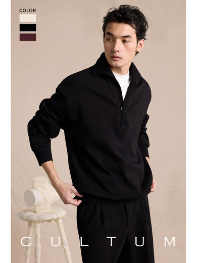 CULTUM heavyweight double-sided 100% cotton high weight pure cotton lapel men's pullover sweatshirt loose solid color long-sleeved T-shirt burgundy S