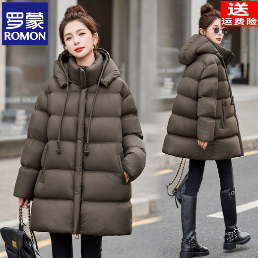ROMON High-end Puff Hooded Down Jacket Women's Mid-Length 2025 Winter New Style Covering Buttocks, Western Style Thickened Warm Jacket, Black M